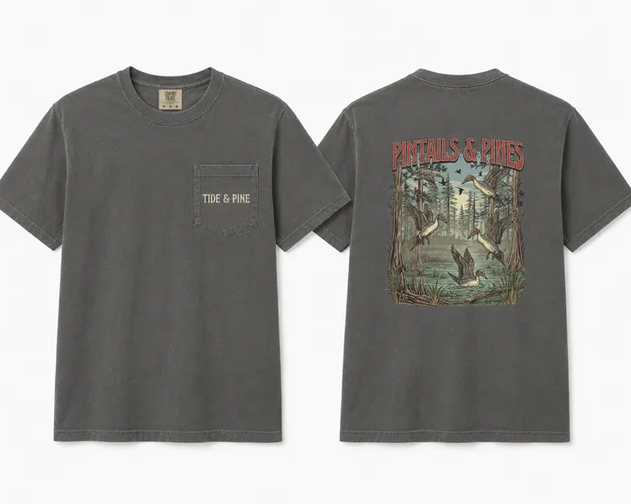 Pintails and Pines pocket tee in charcoal