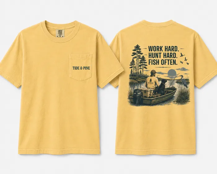 Work Hard Hunt Hard Fish Often pocket tee